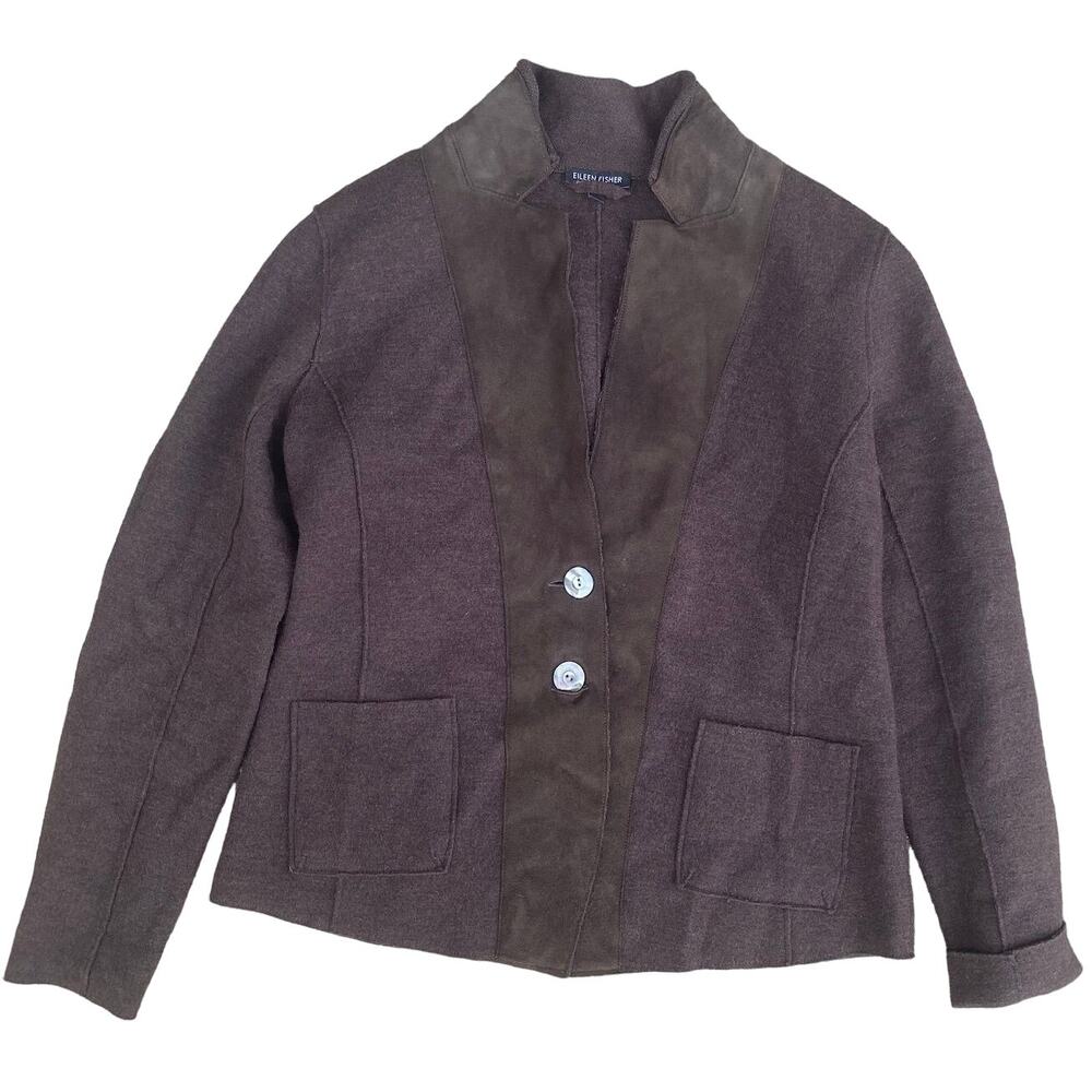Eileen Fisher W small Brown Merino Wool Blazer Jacket Lamb Leather Trim button